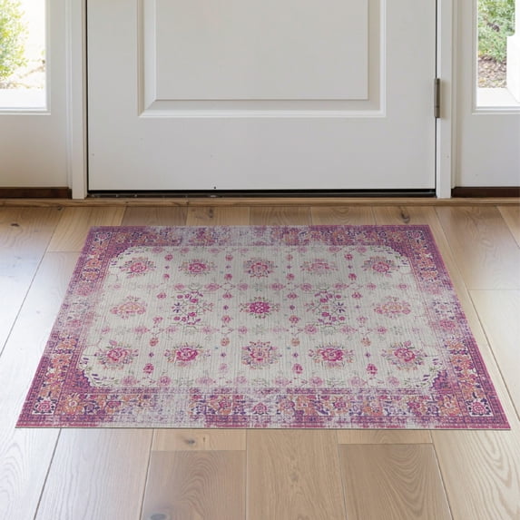 ODIKA 2'x3' Washable Throw Rug Pink Distressed Vintage Trellis Boho Clusters Vine Border Scroll for Hallway, Study Room, Non-Slip Low Profile, Flatwoven