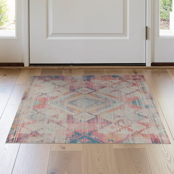 ODIKA 2'x3' Washable Throw Rug Pink Dusty Blue Boho Southwestern Design Faded Diamond Lattice with Zigzag Stripes for Hallway, Study Room, Non-Slip Low Profile, Flatwoven