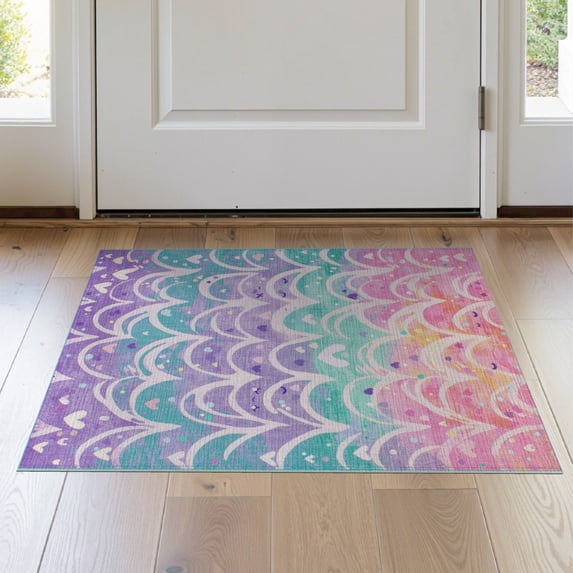 ODIKA 2'x3' Washable Throw Rug Pink Tie Dye Kawaii Mermaid Motifs Galaxy Shaped for Hallway, Study Room, Non-Slip Low Profile, Flatwoven