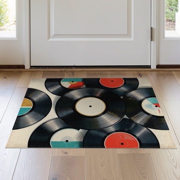 ODIKA 2'x3' Washable Throw Rug Record Vintage Vinyl Disc Cluster Music Multicolor Labels Cd for Hallway, Study Room, Non-Slip Low Profile, Flatwoven