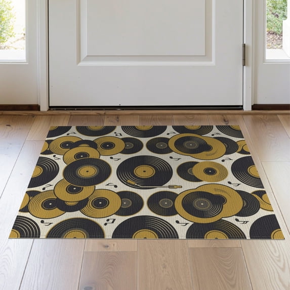 ODIKA 2'x3' Washable Throw Rug Record Vinyl Phonograph Abstract Music Theme Circular Shaped for Hallway, Study Room, Non-Slip Low Profile, Flatwoven