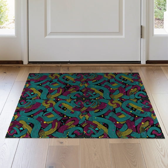 ODIKA 2'x3' Washable Throw Rug Retro 80S Interlocking Abstract Shapes Squiggle Funky Memphis Refined Structured for Hallway, Study Room, Non-Slip Low Profile, Flatwoven