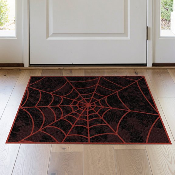 ODIKA 2'x3' Washable Throw Rug Spider Web Motif With Abstract Splatter And Bold Red Strands for Hallway, Study Room, Non-Slip Low Profile, Flatwoven