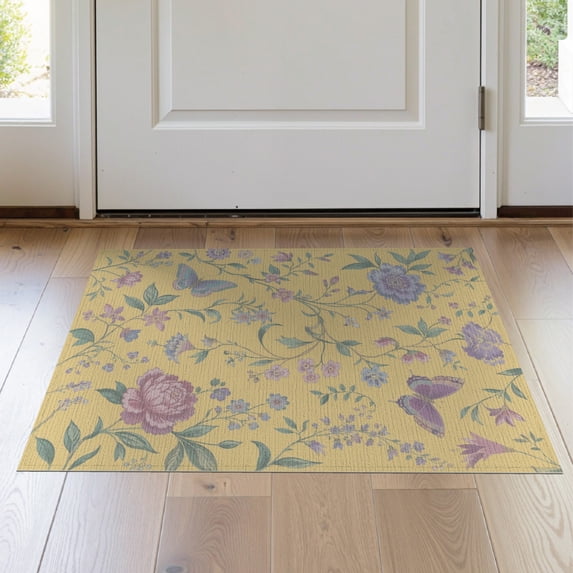 ODIKA 2'x3' Yellow Butter Floral and Butterfly Washable Accent Rug Victorian Inspired Botanical Patterns with Lush Pet Friendly, Bedside Mat for Bedroom, Nursery, RV
