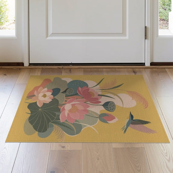 ODIKA 2'x3' Yellow Warm Blossom Harmony Artistic Washable Throw Rug Elegant Floral and Bird Motif, Nature Inspired for Hallway, Study Room, Non-Slip Low Profile, Flatwoven