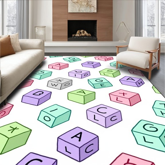 ODIKA 2x3 Machine Washable Non-Slip Area Rug, ABC Learning Blocks Design Teaching with Colorful Letter Cubes High Traffic Rug, Pink, 696054