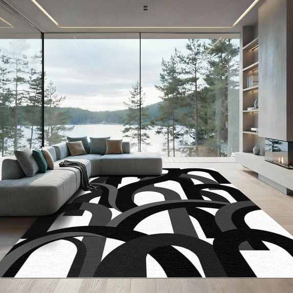 ODIKA 2'x3' Machine Washable Non-Slip Area Rug, Abstract Black High Traffic Rug, Black, 1102021
