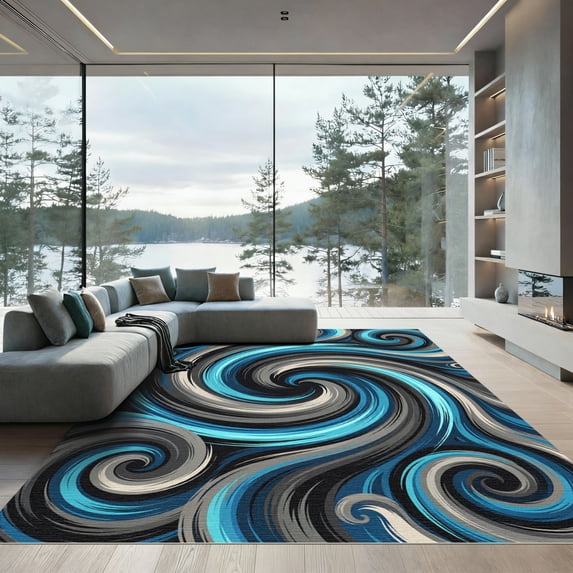 ODIKA 2'x3' Machine Washable Non-Slip Area Rug, Abstract Blue High Traffic Rug, Blue, 956047