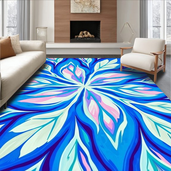 ODIKA 2x3 Machine Washable Non-Slip Area Rug, Abstract Botanical Print with Watercolor Effect High Traffic Rug with Pad, Blue, 465970
