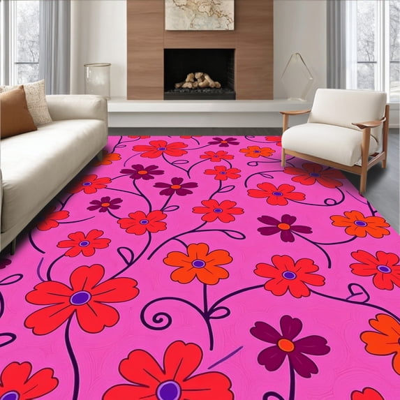 ODIKA 2'x3' Machine Washable Non-Slip Area Rug, Abstract Botanical Swirls Featuring Layered Bloom and Twisting Stems High Traffic Rug, Pink, 462199