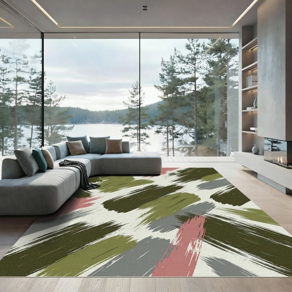 ODIKA 2'x3' Machine Washable Non-Slip Area Rug, Abstract Cream High Traffic Rug, Green, 1284507