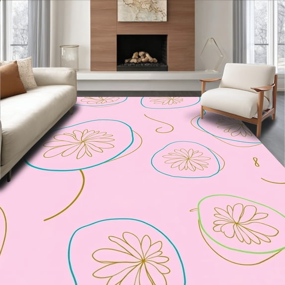ODIKA 2'x3' Machine Washable Non-Slip Area Rug, Abstract Dandelion Wishes Interlocking Swirl Modern Nature Inspired Motifs High Traffic Rug with Pad, Pink, 715598