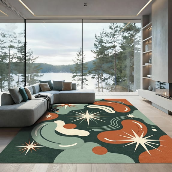 ODIKA 2'x3' Machine Washable Non-Slip Area Rug, Abstract Dark Green High Traffic Rug, Green, 1170893