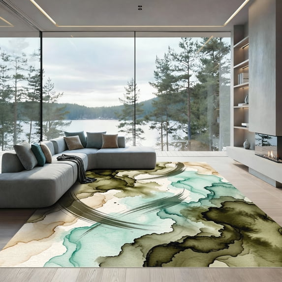 ODIKA 2'x3' Machine Washable Non-Slip Area Rug, Abstract Dark Green High Traffic Rug, Green, 1284493