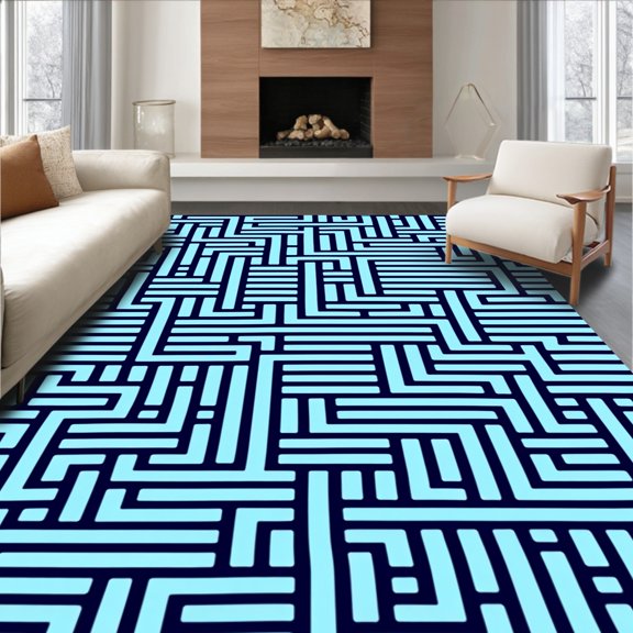 ODIKA 2x3 Machine Washable Non-Slip Area Rug, Abstract Maze Design Featuring Intersecting Bands and Blocks High Traffic Rug, Blue, 372352