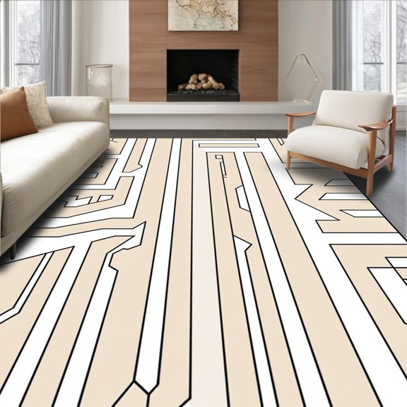 ODIKA 2x3 Machine Washable Non-Slip Area Rug, Abstract Maze with Repetitive Angular Shapes High Traffic Rug, Beige, 378888