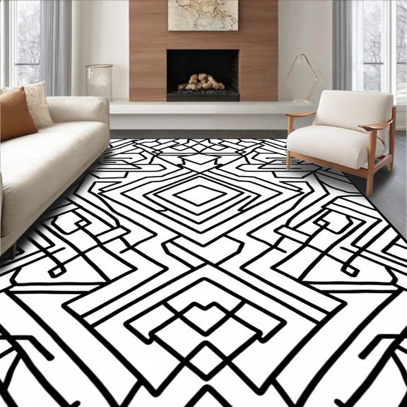 ODIKA 2x3 Machine Washable Non-Slip Area Rug, Abstract Monochrome Maze Interlocking Lattice High Traffic Rug, Black, 586569