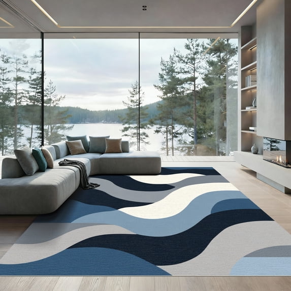 ODIKA 2'x3' Machine Washable Non-Slip Area Rug, Abstract Navy Blue High Traffic Rug, Blue, 1053514