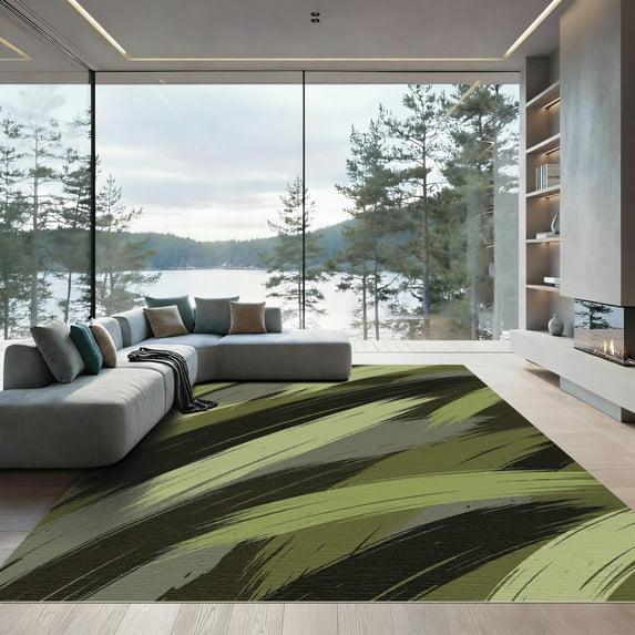 ODIKA 2'x3' Machine Washable Non-Slip Area Rug, Abstract Olive Green High Traffic Rug, Green, 1284492