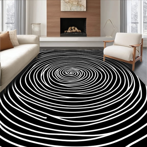 ODIKA 2x3 Machine Washable Non-Slip Area Rug, Abstract Swirl Vortex Design Contemporary Accent Textile High Traffic Rug, Black, 561216