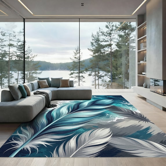 ODIKA 2'x3' Machine Washable Non-Slip Area Rug, Abstract Teal High Traffic Rug, Blue, 956055