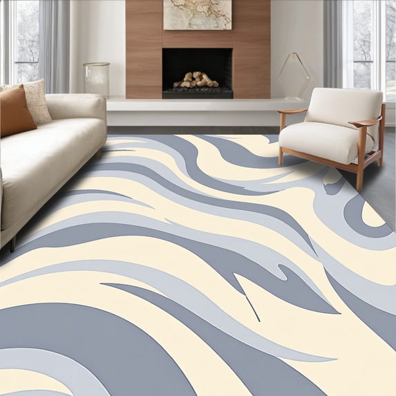 ODIKA 2'x3' Machine Washable Non-Slip Area Rug, Abstract Waveforms with Monochrome Contrast and Fluid Edges High Traffic Rug with Pad, Gray, 463913