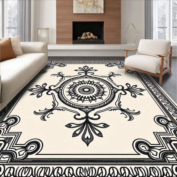 ODIKA 2x3 Machine Washable Non-Slip Area Rug, Adirondack Vintage Distressed Medallion Heritage High Traffic Rug, Black, 657671