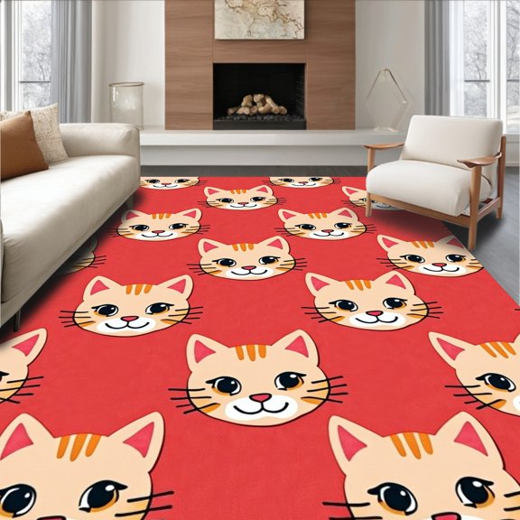ODIKA 2'x3' Machine Washable Non-Slip Area Rug, Adorable Kitten Portrait DIY Tufted Art High Traffic Rug, Red, 682192
