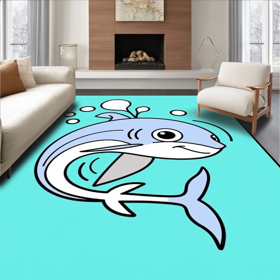 ODIKA 2'x3' Machine Washable Non-Slip Area Rug, Adorable Marine Life Illustration with Cute Whale and Bubble Motifs High Traffic Rug, Blue, 722905