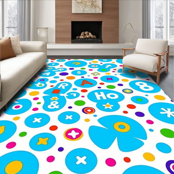 ODIKA 2'x3' Machine Washable Non-Slip Area Rug, Alphabet Bubble Mosaic with Floating Letters and Abstract Dots High Traffic Rug, Blue, 696929