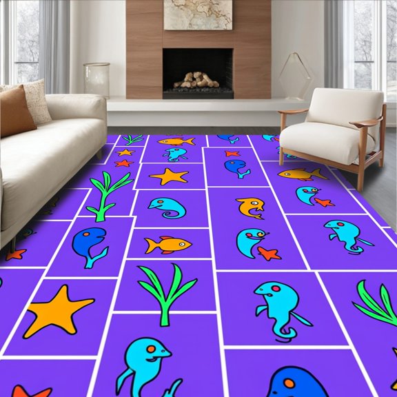 ODIKA 2x3 Machine Washable Non-Slip Area Rug, Alphabet Reef Exploration with Colorful Fish and Marine Life High Traffic Rug, Purple, 685051