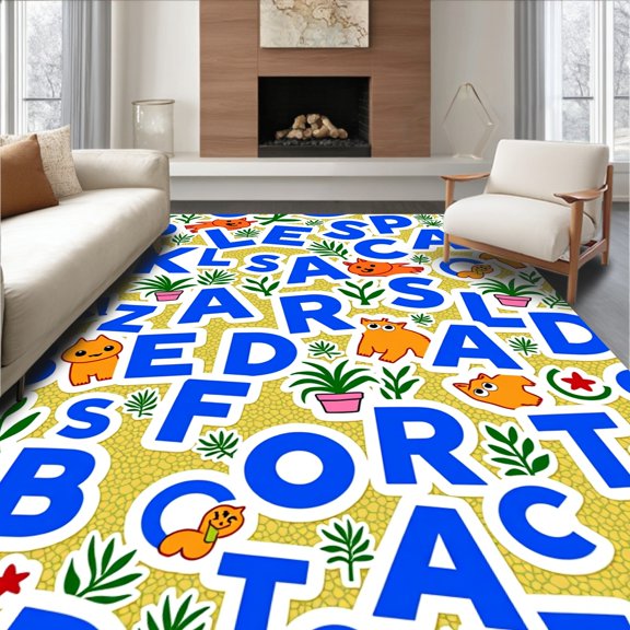 ODIKA 2x3 Machine Washable Non-Slip Area Rug, Alphabet Safari Parade with Playful Creatures Interlocking Motif High Traffic Rug, Yellow, 683892