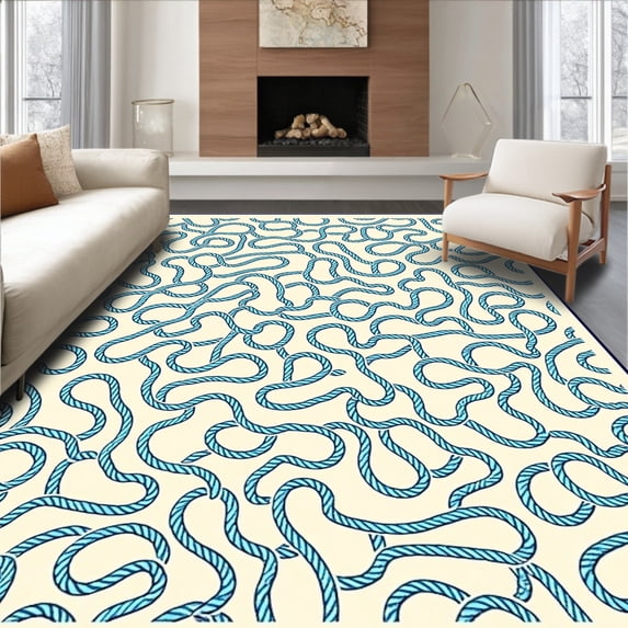 ODIKA 2'x3' Machine Washable Non-Slip Area Rug, Anchor and Nautical Rope Motif with Subtle Wave Accents High Traffic Rug with Pad, Ivory, 341568
