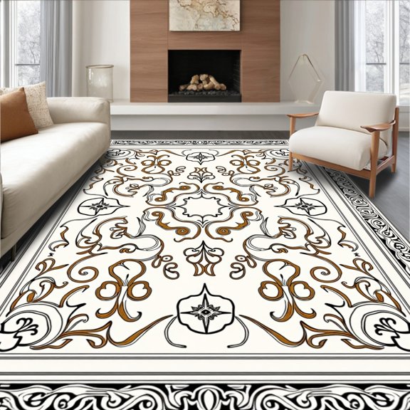 ODIKA 2x3 Machine Washable Non-Slip Area Rug, Ancient Labyrinth Scrollwork High Traffic Rug, Ivory, 565883