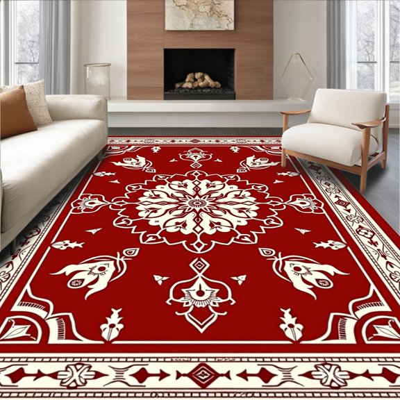 ODIKA 2x3 Machine Washable Non-Slip Area Rug, Ancient Mosaic Symphony Interlaced Jewel Masterwork High Traffic Rug, Red, 586353