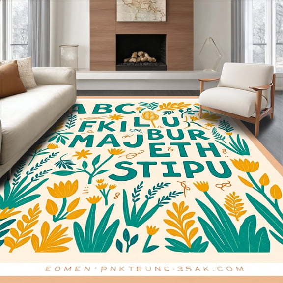 ODIKA 2'x3' Machine Washable Non-Slip Area Rug, Animal Friends Alphabet Pathway with Months and Painterly Garden Details High Traffic Rug, Blue, 694100