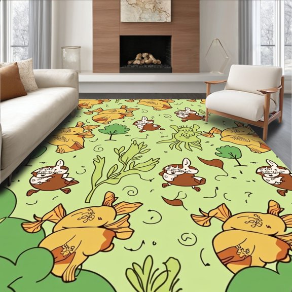 ODIKA 2x3 Machine Washable Non-Slip Area Rug, Animated Creature Forest Adventure Whimsical Fantasy Art High Traffic Rug, Green, 700067
