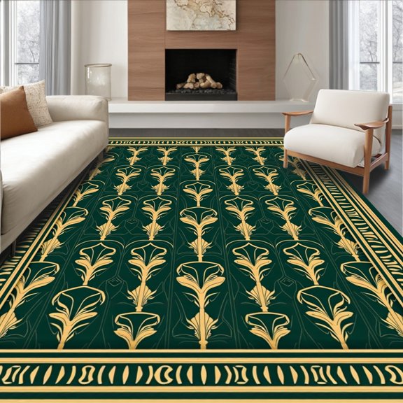 ODIKA 2x3 Machine Washable Non-Slip Area Rug, Art Fan Interlocking Motif with Elegant Arched Detailing High Traffic Rug, Green, 704987
