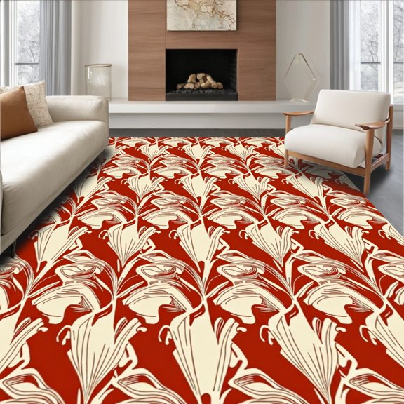 ODIKA 2x3 Machine Washable Non-Slip Area Rug, Art Inspired Fan with Symmetrical Motifs High Traffic Rug, Red, 386963
