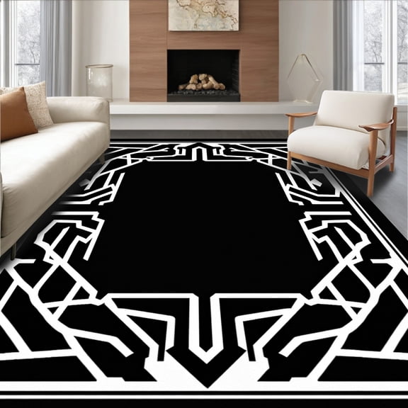 ODIKA 2x3 Machine Washable Non-Slip Area Rug, Art Maze with Silver Detailing High Traffic Rug, Black, 453869