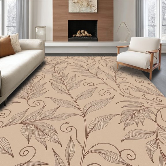 ODIKA 2x3 Machine Washable Non-Slip Area Rug, Art Nouveau Botanical Swirls Combined With Crisp Leaf High Traffic Rug, Beige, 419416