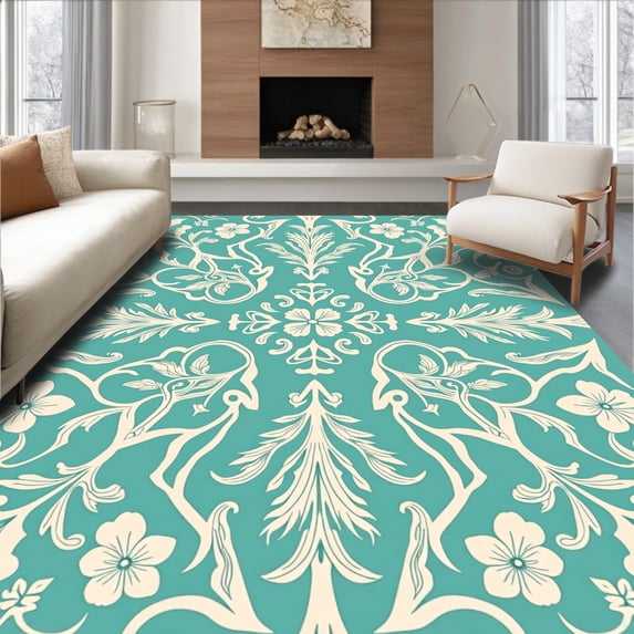 ODIKA 2'x3' Machine Washable Non-Slip Area Rug, Art Nouveau Floral Vine Scroll Design with Elegant High Traffic Rug with Pad, Ivory, 533250