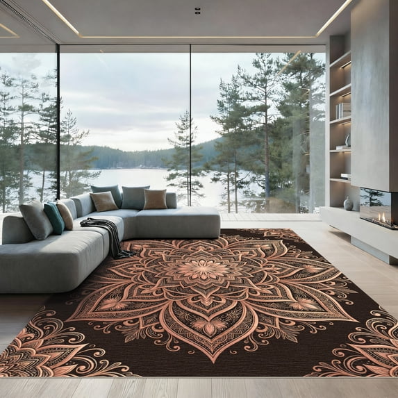 ODIKA 2'x3' Machine Washable Non-Slip Area Rug, Art Nouveau Rose Gold High Traffic Rug, Brown, 1184705