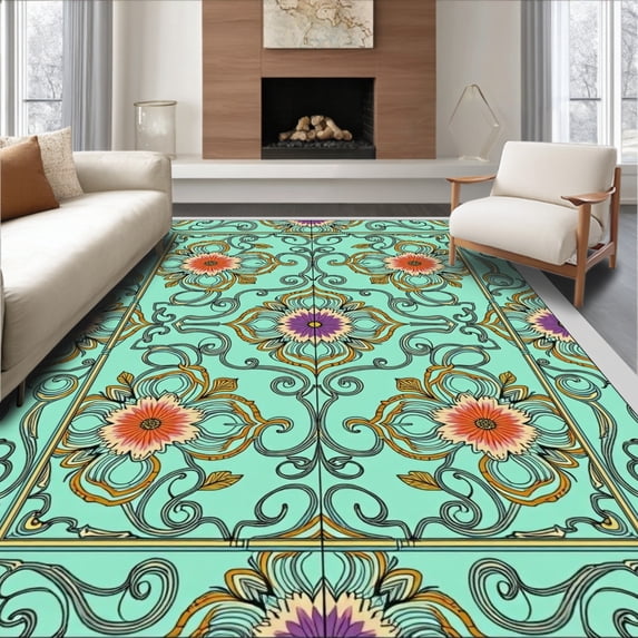 ODIKA 2'x3' Machine Washable Non-Slip Area Rug, Art Nouveau Sunset Bloom with Elegant Interlocking Floral Scrollwork High Traffic Rug with Pad, Turquoise, 577837