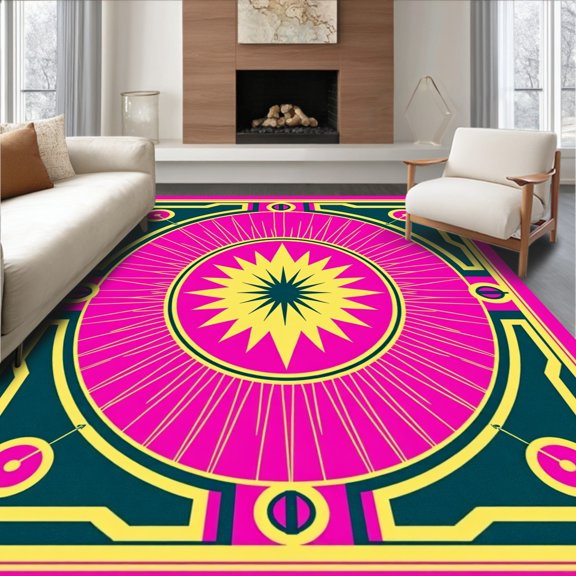 ODIKA 2x3 Machine Washable Non-Slip Area Rug, Art Revival with Radiant Sunburst and Bold Accents High Traffic Rug, Pink, 494172