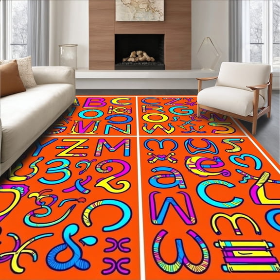 ODIKA 2x3 Machine Washable Non-Slip Area Rug, Art with Playful Typographic Layout High Traffic Rug, Orange, 697063