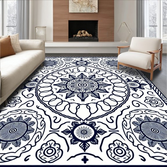 ODIKA 2x3 Machine Washable Non-Slip Area Rug, Artisan Boho Cable Braids Showcasing Intertwined Snowy Medallion High Traffic Rug, Black, 636905