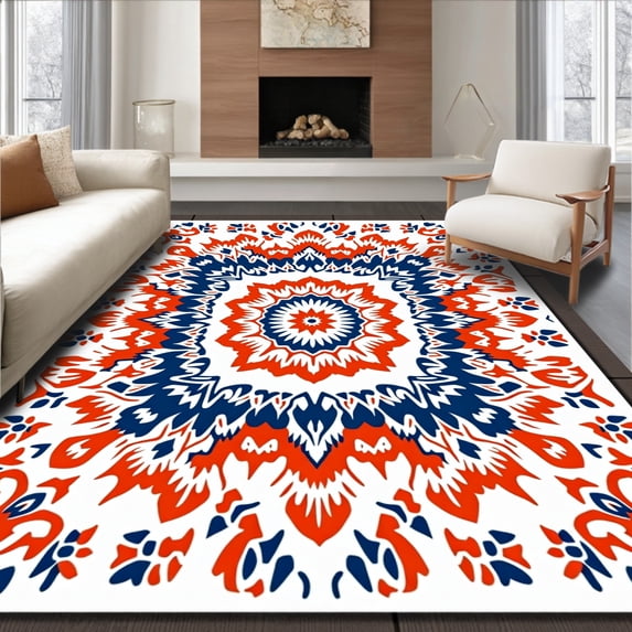ODIKA 2'x3' Machine Washable Non-Slip Area Rug, Artisan Boho Overlay with Abstract Floral and Interlocking Starbursts High Traffic Rug with Pad, Orange, 572985