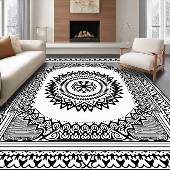 ODIKA 2'x3' Machine Washable Non-Slip Area Rug, Artisan Boho with Symmetrical Filigree Design High Traffic Rug with Pad, Black, 485687