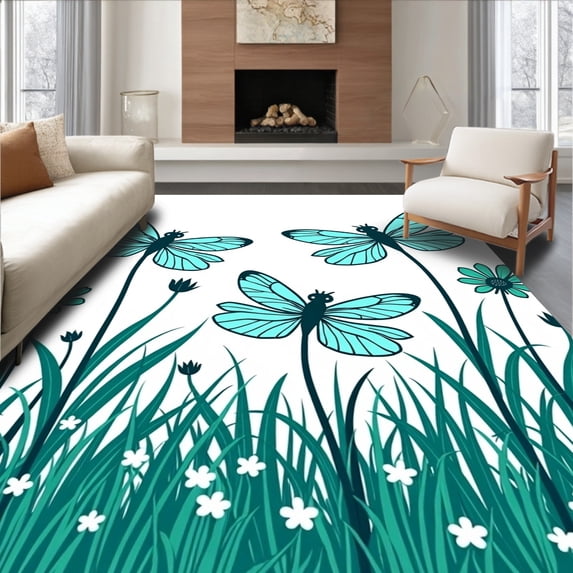 ODIKA 2'x3' Machine Washable Non-Slip Area Rug, Artisan Dragonfly Meadow With Decorative Border High Traffic Rug, Green, 376663